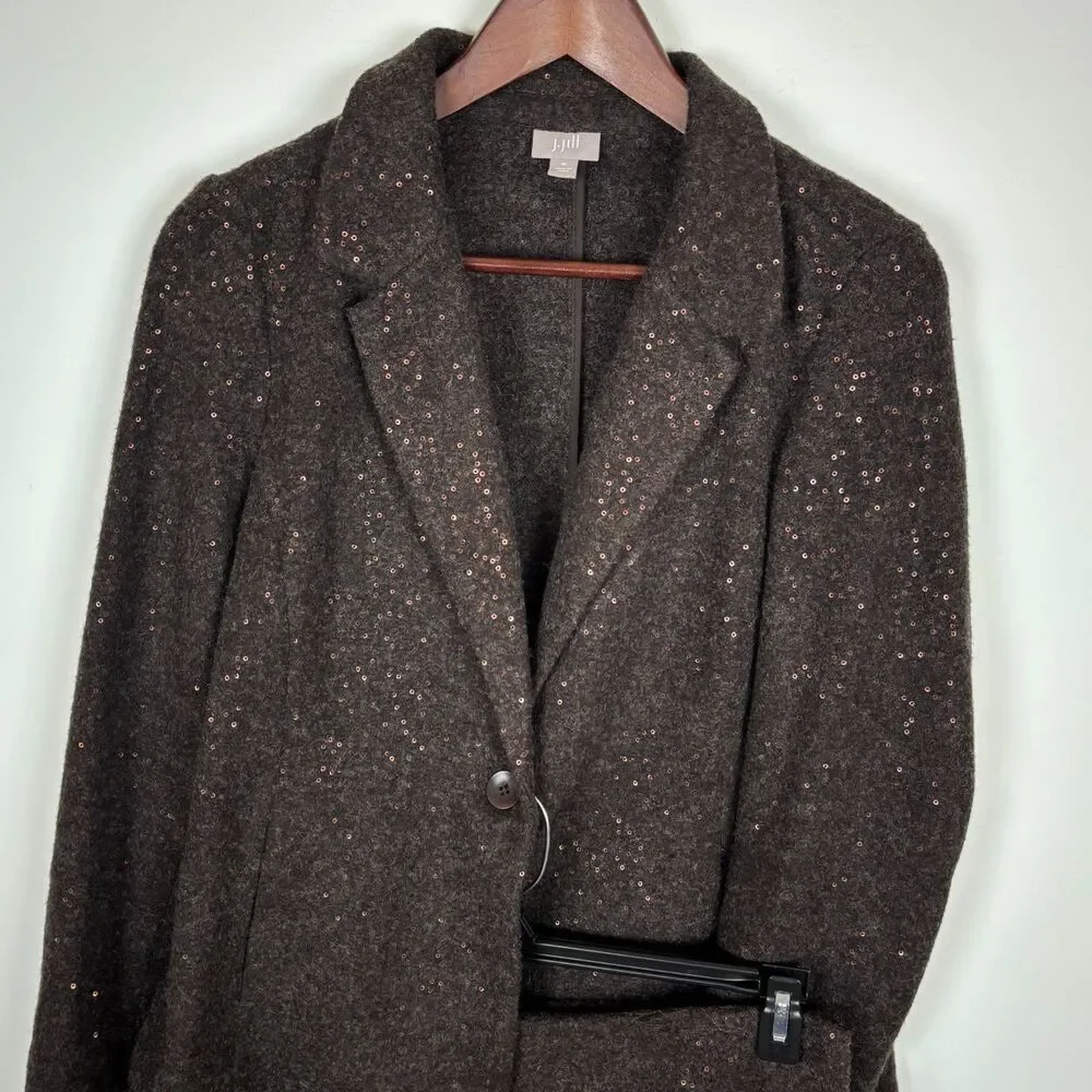 J. Jill Brown Sequin Skirt Suit Blazer Set Women's Medium 10 Wool Blend - Picture 2 of 11